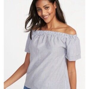 Old Navy Women's 1X Blue White Striped Off Shoulder Cotton Top Coastal Boho